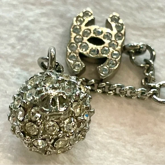 CHANEL Paladium Plated and Strass CC &Ball Drop Pendant Necklace, 23.5”, EUC